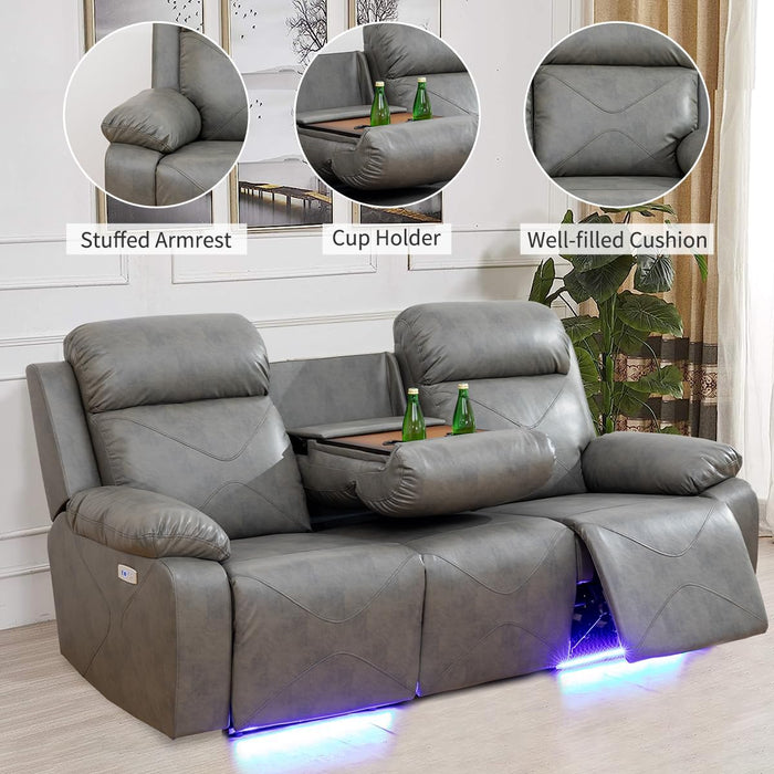 Power Recliner Sofa Set with LED Lights,Leather Living Room Furniture Set with USB Port/Storage Console/Cup Holders,Reclining Sofa Set for House/Home Theater(2 Pieces，Grey)