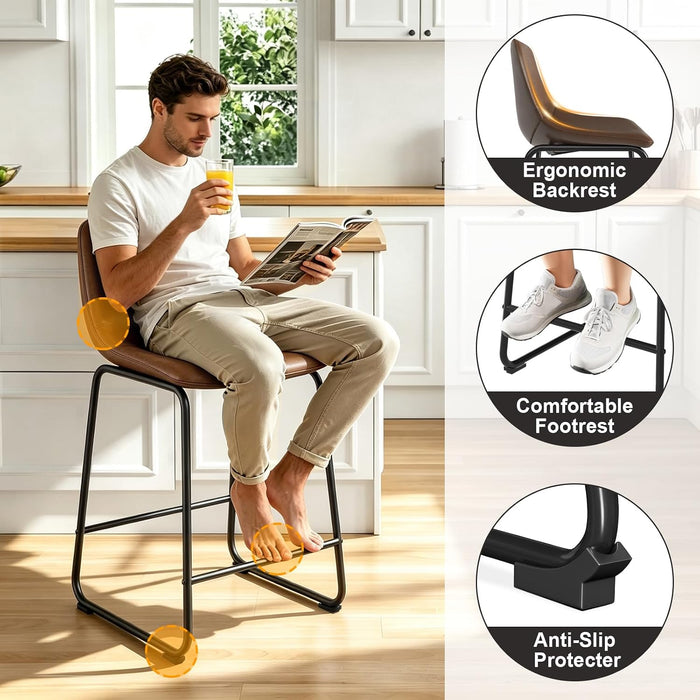 TAVR Counter Height Stools Set of 2, 24 Inch Barstools Hold up to 500 Lbs | Armless Faux Leather Bar Stools with Sturdy Metal Legs & Soft Backrest for Kitchen Island, Coffee Shop, Brown