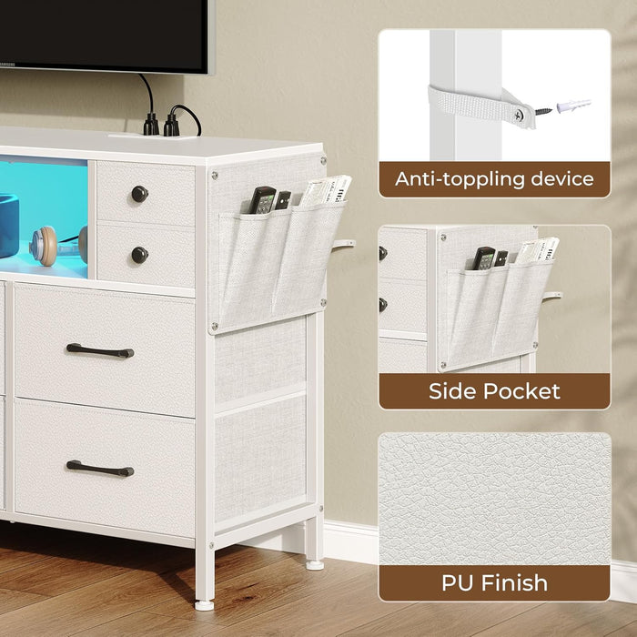 Dresser for Bedroom with LED Lights and Power Outlets, 55" TV Stand with 10 Drawers, Fabric Chest of Drawers with Side Pocket, PU Finish, Sturdy Frame & Wood Top, White