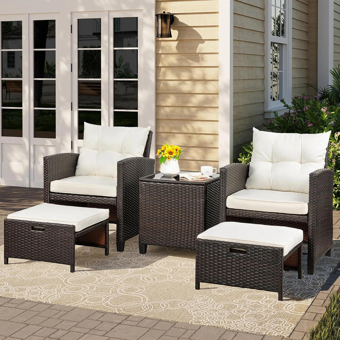 Patio Chair with Ottoman, 5 Pieces Patio Furniture Set Small Balcony Furniture, Rattan Patio Chairs Set of 2 with Glass Table for Front Porch Garden (Beige)
