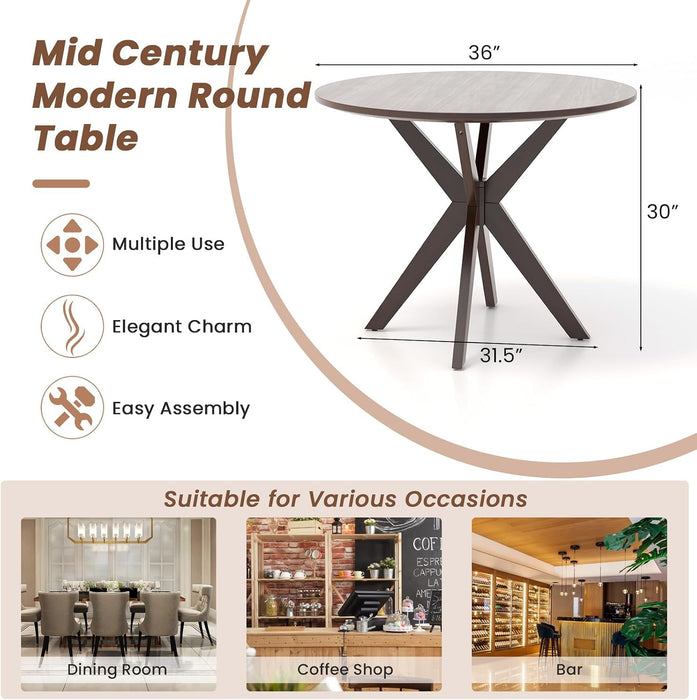 36" round Wood Dining Table, Farmhouse Kitchen Table with Intersecting Pedestal Base & Solid Rubber Wood Legs, Vintage Coffee Tables for Dinette, Small Spaces, Restaurant, Brown