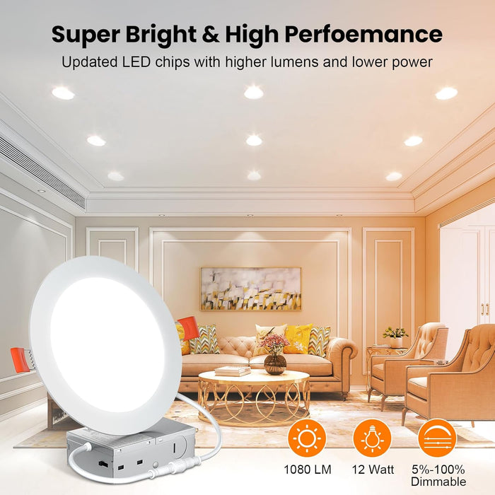 24 Pack 6 Inch 5CCT Ultra-Thin LED Recessed Ceiling Light with Junction Box,2700K/3000K/3500K/4000K/5000K Selectable,Dimmable Canless Wafer Downlight, 12W, ETL&FCC