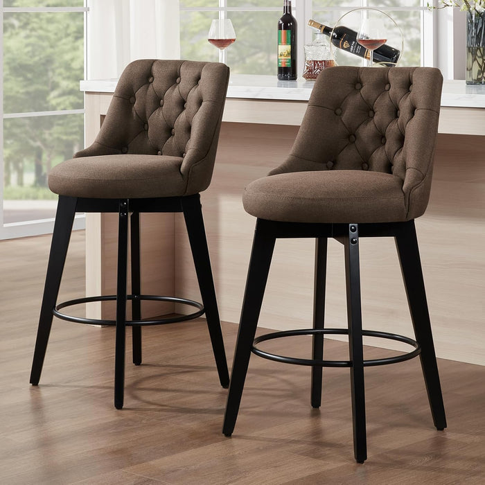 Bar Stools Set of 2, Swivel Barstools with Backs and Wood Legs, 27" Linen Fabric Upholstered Bar Chairs for Kitchen Island, Dining, Cafe, Pub（Sepia）