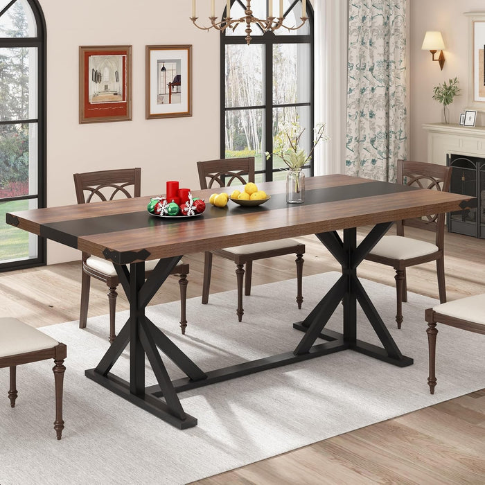 71 Inch Dining Table for 6 People, Rectangular Kitchen Farmhouse Table W/Thickness Waterproof Wood Tabletop,Long Dining Room Tables W/Wood Strip Base for Kitchen Living Room(Brown&Black)