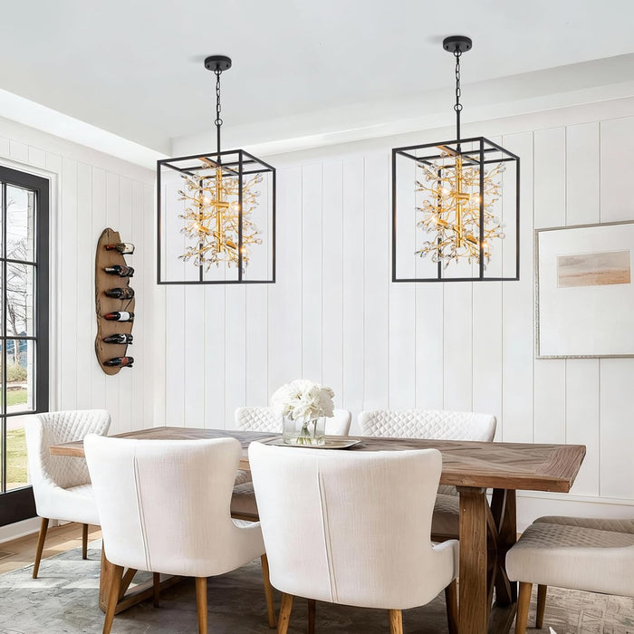 Black and Gold Chandelier, 4-Light Entryway Crystal Chandeliers Foyer Modern Farmhouse Hanging Cage Pendant Light Fixture for Dining Room Kitchen Island Entrance Staircases Hallway, H21 Inch