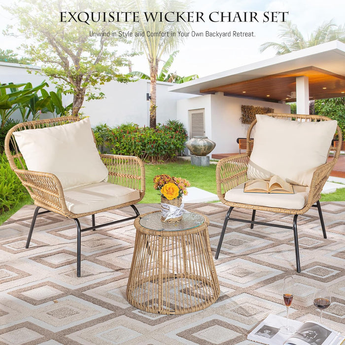 Set of 3 Boho Outdoor Patio Furniture Sets with round Tempered Glass Table, Small Size Wicker Conversation Sectional Chair Sets for Backyard, Porch, Deck, Garden, Balcony