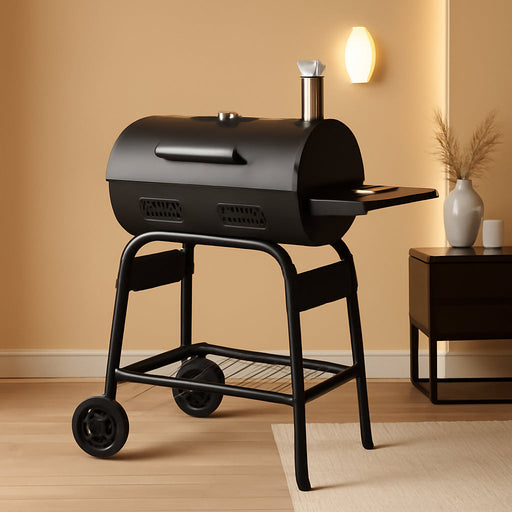 Upgraded Barrel Charcoal Grill with 2 Sides Table, BBQ Grill Outdoor Smoker with Wheels for Party Garden Patio and Backyard Cooking 39''D × 24''W × 46''H (Upgraded Grill W/Side Table)