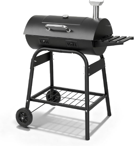 Upgraded Barrel Charcoal Grill with 2 Sides Table, BBQ Grill Outdoor Smoker with Wheels for Party Garden Patio and Backyard Cooking 39''D × 24''W × 46''H (Upgraded Grill W/Side Table)