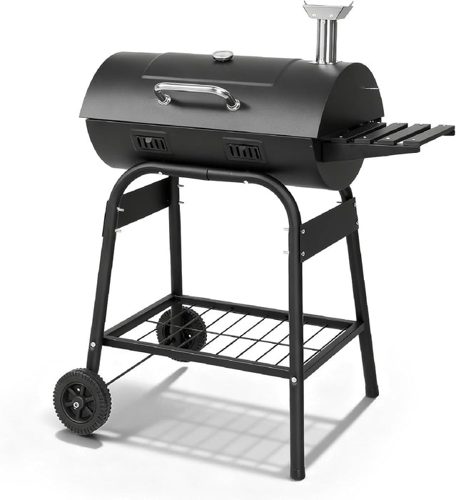 Upgraded Barrel Charcoal Grill with 2 Sides Table, BBQ Grill Outdoor Smoker with Wheels for Party Garden Patio and Backyard Cooking 39''D × 24''W × 46''H (Upgraded Grill W/Side Table)