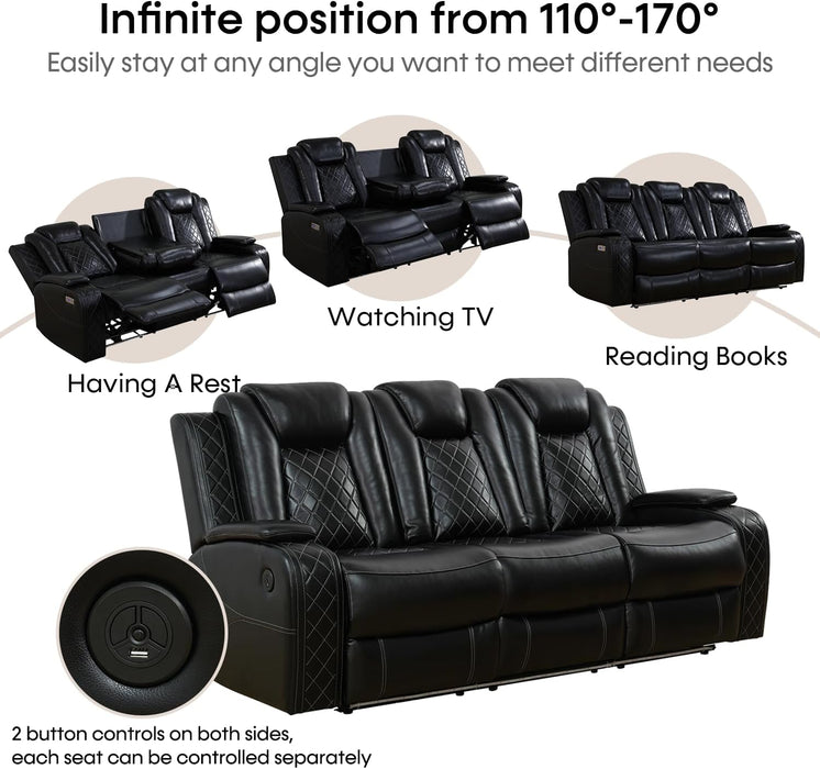 Power Recliner Sofa Set with LED Lights,Leather Reclining Sofa with USB Port/Wireless Charger/Storage Console/Cup Holder,3 Piece Reclining Living Room Set for House/Home Theater(3 Piece Set,Black)