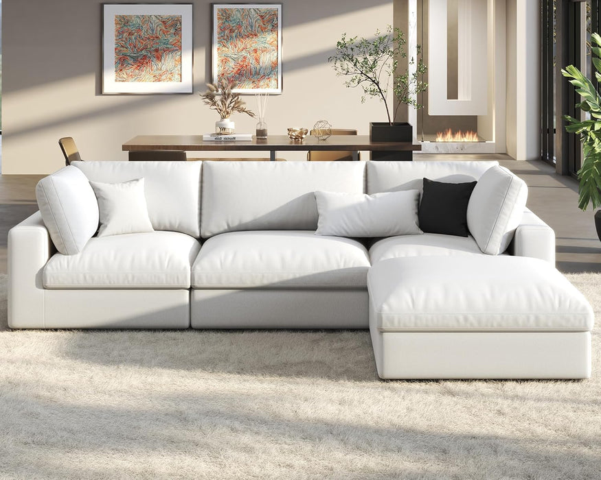 Modular Sectional Sofa, 114 Inches Oversized down Filled Sectional Sofa, 4 Seats L Shaped Comfy Couch with Chaise, Ottoman, Could Sofa for Living Room, White Linen Couch Set