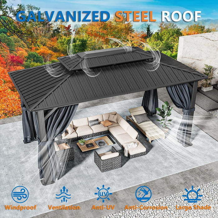 10X15 Hardtop Gazebo on Clearance with Heavy Duty Galvanized Steel Metal Roof, Patio Hard Top Gazebo with Curtains & Netting,Outdoor Permanent Hot Tub Gazebo Pavillon for Backyard,Deck,Black