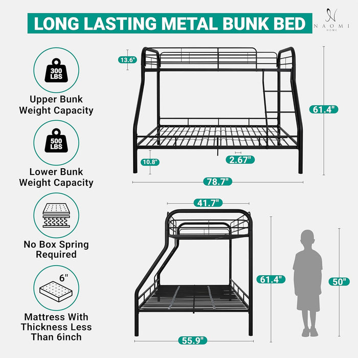 Hollywood Bunk Beds Twin over Full Size, Heavy Duty Metal Bunk Bed with Safety Guardrails, Angled Ladder, Underbed Storage, 800Lbs Capacity - for Kids and Teens, Twin over Full Bunk Bed, Black