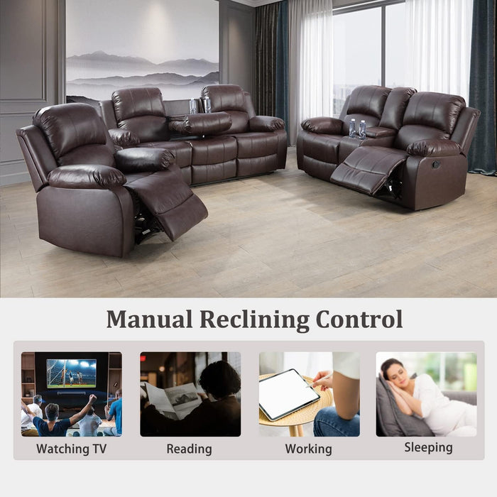 Manual Recliner Sofa Set, Bonded Leather Sofa Set Living Room Furniture, Reclining Sofa Set Leather Recliner Couch with Cup Holder/Storage Console for Living Room (3 Pieces Couch Set, Brown)