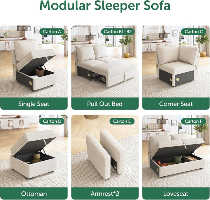 Storage Ottoman Module for Sectional Sleeper Sofa with Pull Out Bed, Movable Footrest Ottoman for Modular Couch, Beige