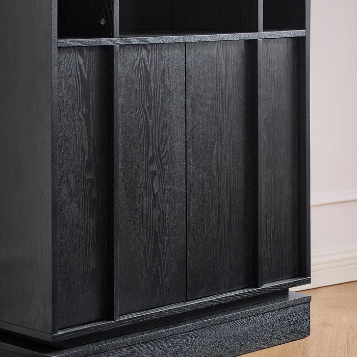 Wooden Sideboard Buffet Cabinet with Open Storage & Adjustable Shelves,Farmhouse Narrow Entryway Cabinet with Socket Hole & Anti‑Tip Kit,Slim Accent Cabinet for Small Spaces (Black 31.7")