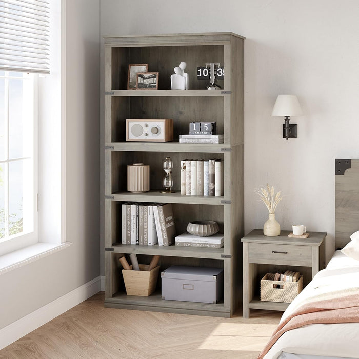 5 Tier Book Shelf, Farmhouse Book Case, 67.4 in Tall Shelf with Storage, Wooden Bookshelves for Living Room, Home Office-Grey