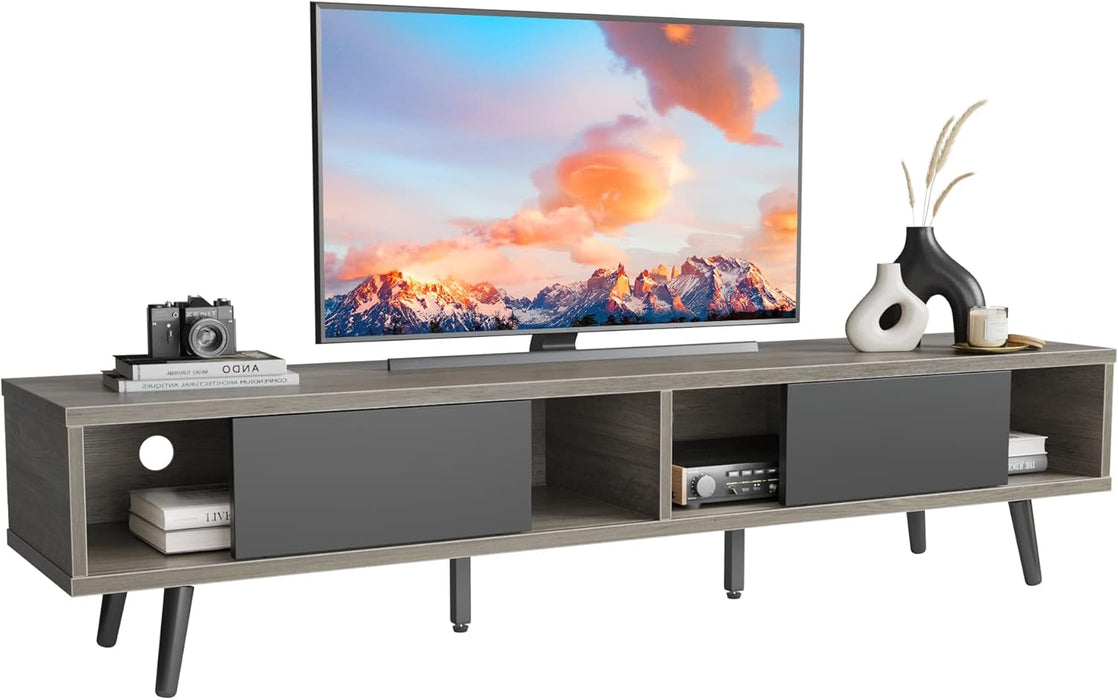 70 Inch Mid Century Modern TV Stand for 75 Inch Tvs, Low Profile Entertainment Center with Storage, Cord Management for Living Room, Gray Wash