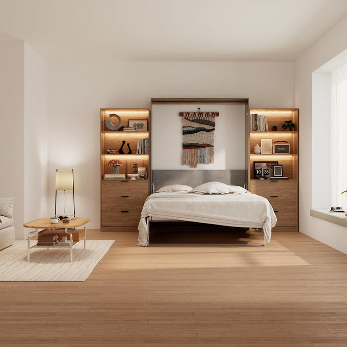 Queen Murphy Bed,Farmhouse Guest Beds,Folding Wall Bed with Hydraulic Bar,64" W Twin Murphy Beds with 2 LED Storage Cabinet for Small Spaces/Offices/Apartments/Guest Room,Brown+Walnut