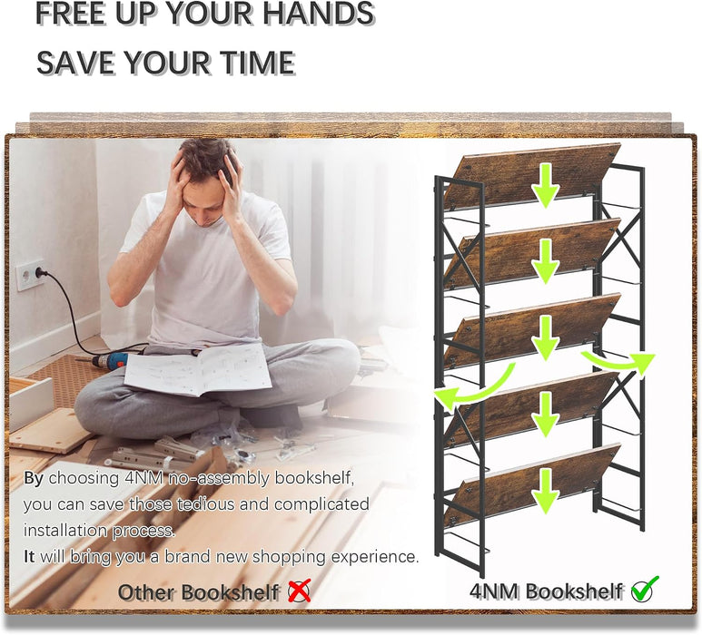 Extra Wide 5 Tiers No Assembly Book Shelves, 51.2" H Folding Bookshelf Bookcase Open Industrial Foldable Shelves for Bedroom, Living Room, Home Office - Rustic Brown Black