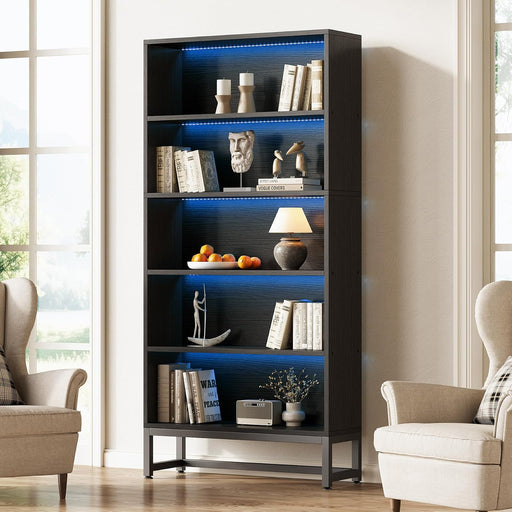 70.8 Inch Tall Bookshelf with LED Light Strip, 5-Tier Large Bookcases Organizer with Storage Shelves, Heavy Duty Free-Standing Library Etagere Shelving Unit for Living Room, Bedroom