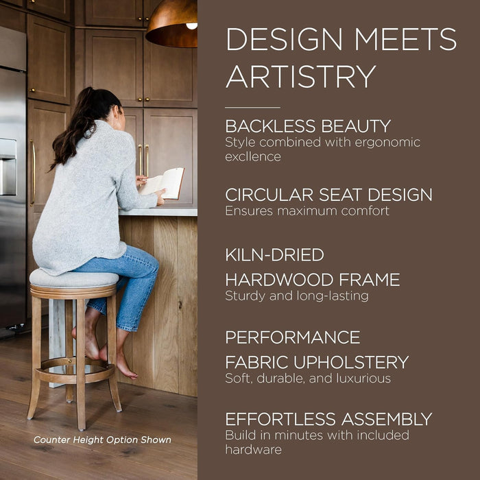 Eva 31 Inch Tall Bar Height Rotating Backless Barstool in Weathered Oak Finish with Sand Color Fabric Upholstered Seat