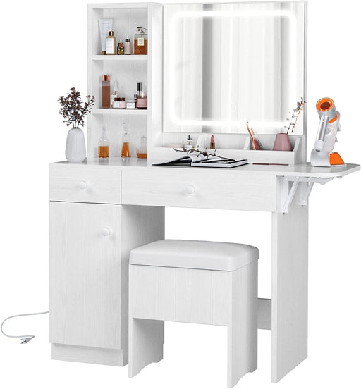 Vanity Desk with LED Lighted Mirror & Power Outlet, Makeup Table with Drawers & Cabinet,Storage Stool, White