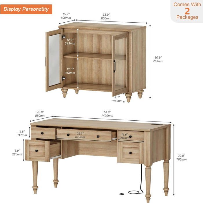 Distressed Oak Farmhouse Executive Desk With Glass