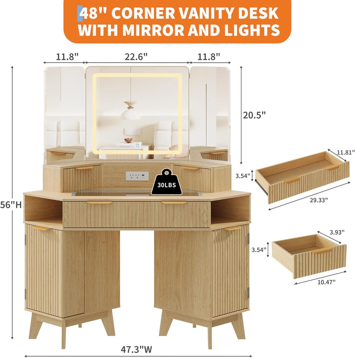 48 in Fluted Makeup Vanity Desk, Large Lighted Corner Vanity with HD Triple Mirror and Lights, Dressing Table with Glass Top & Charging Station for Bedroom
