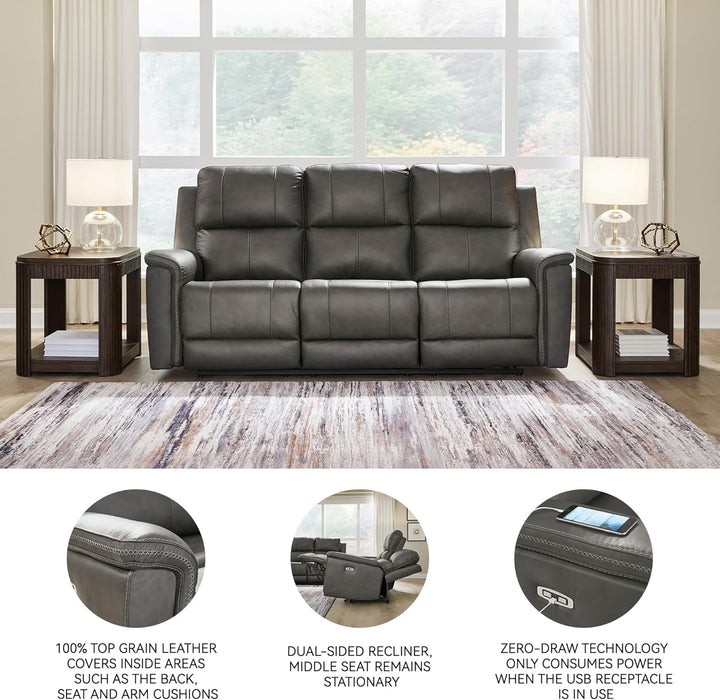 Signature Design by Ashley Burnley Contemporary Leather Match Power Reclining Sofa with Adjustable Headrest and USB Charging Port, Gray