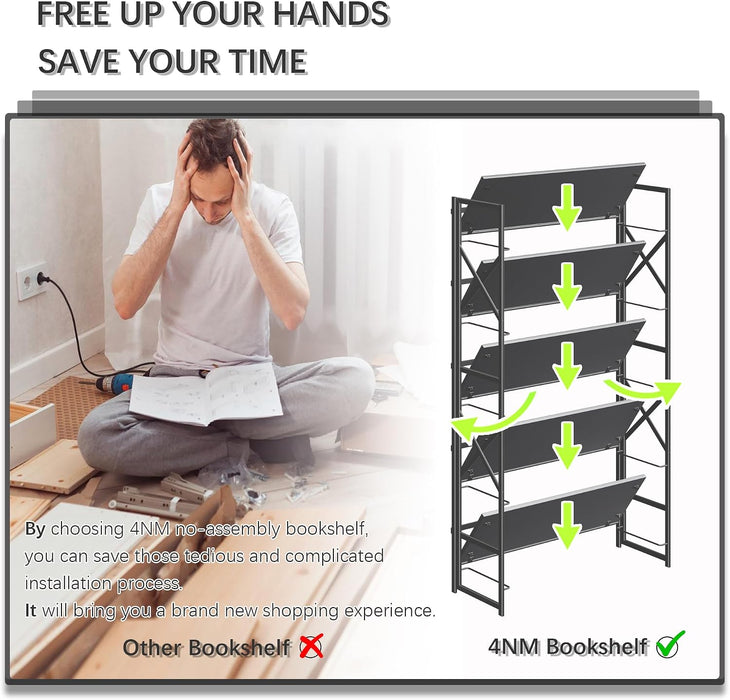 Extra Wide 5 Tiers No Assembly Book Shelves, 51.2" H Folding Bookshelf Bookcase Open Industrial Foldable Shelves for Bedroom, Living Room, Home Office - All Black