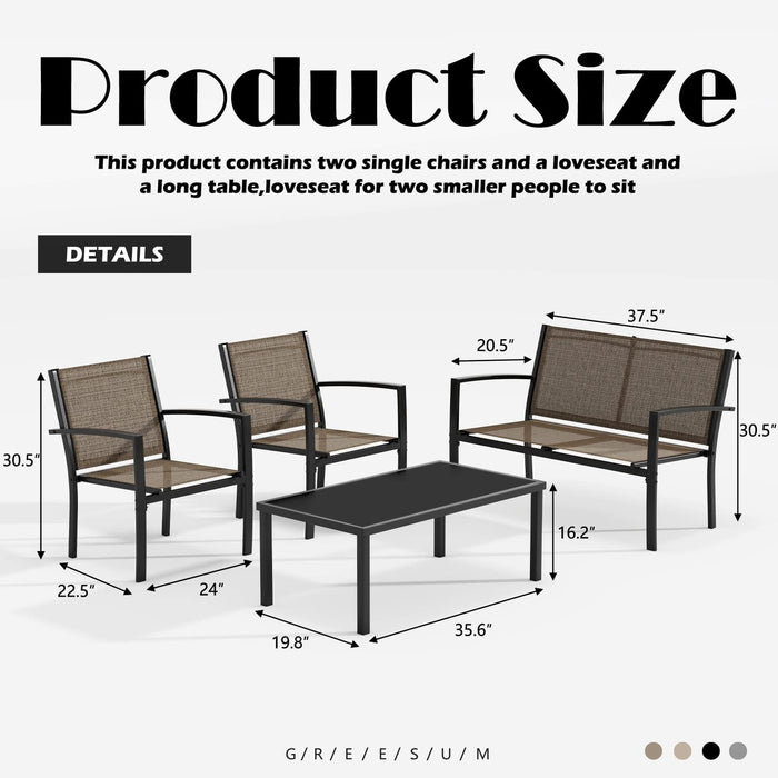 4 Pieces Patio Furniture Set, Outdoor Conversation Sets for Patio, Lawn, Garden, Poolside with a Glass Coffee Table, Brown