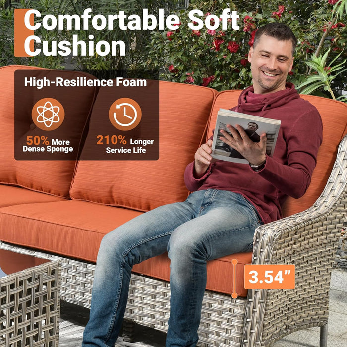5 Piece Outdoor Patio Furniture with 3 Seat Sofa,Rattan Wicker Coversation Set with Swivel Rocking Chair,Balcony Sofa Set with Shiny Table for outside Porch Backyard Pool,Orange
