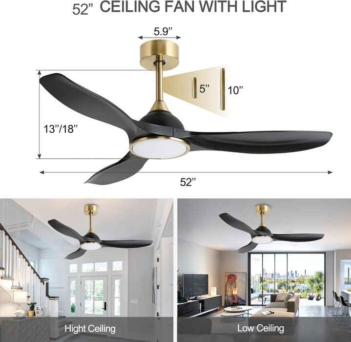 52 Inch Quiet DC Motor 6 Speed High CFM Ceiling Fan with Lights Remote Control, 3 Blade Black Gold Indoor Bedroom Modern Ceiling Fan