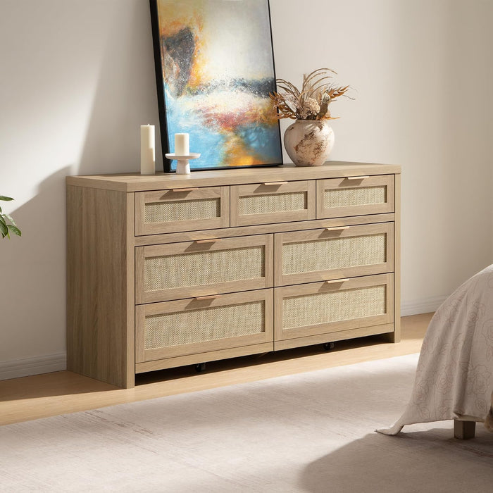 7 Drawer Rattan Dresser for Bedroom, 57" Wide Dresser