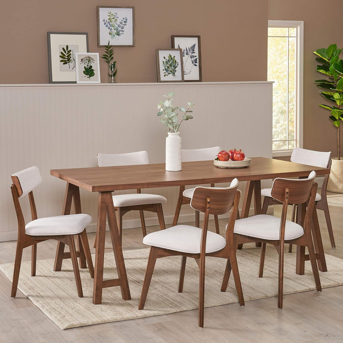 Rachel Mid-Century Modern 7 Piece Dining Set with A-Frame Table, Light Beige + Walnut