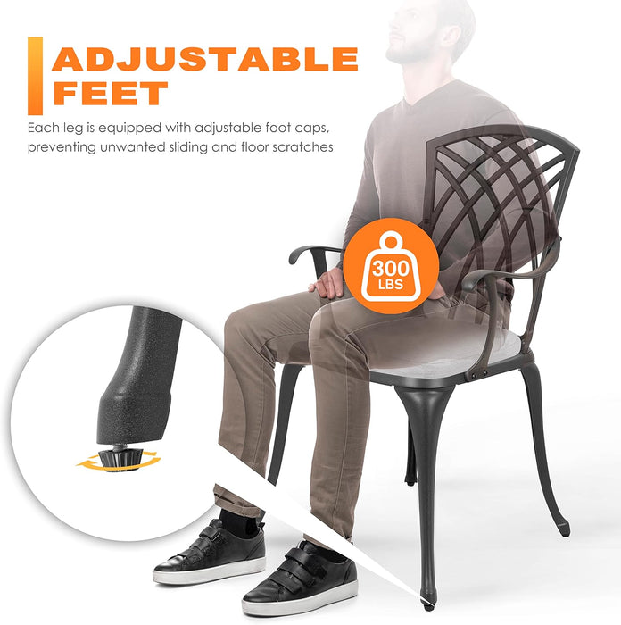 Bistro Set 3 Piece Outdoor Cast Aluminum Patio Bistro Set Patio Table and Chairs Set of 2 with Umbrella Hole and Gray Cushions, Black