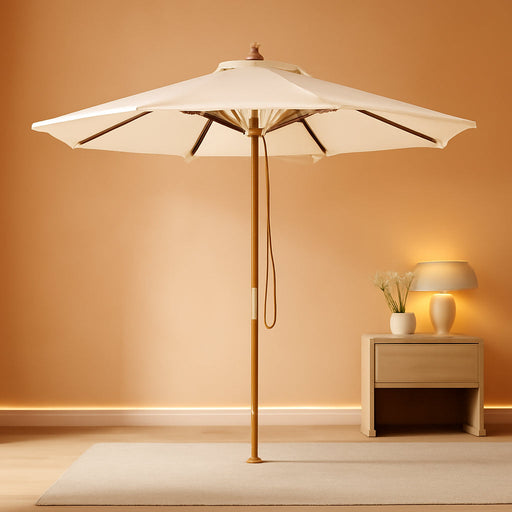 10FT Patio Umbrella, Outdoor Table Market Umbrella W/8 Wooden Ribs, 3 Adjustable Heights, Rope Pulley System, Detachable Pole, Wooden Patio Umbrella for Garden, Poolside, Backyard (Beige)