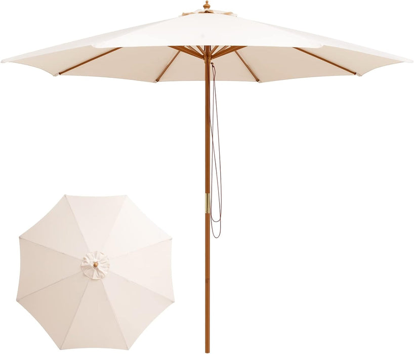 10FT Patio Umbrella, Outdoor Table Market Umbrella W/8 Wooden Ribs, 3 Adjustable Heights, Rope Pulley System, Detachable Pole, Wooden Patio Umbrella for Garden, Poolside, Backyard (Beige)