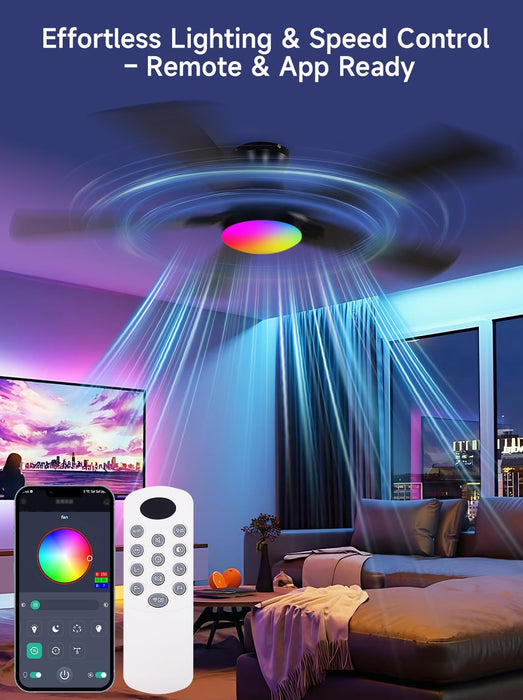 52 Inch Black Ceiling Fans with Lights, RGB Ceiling Fan with Remote and App,Flush Mount Low Profile, Dimmable 35W LED, Reversible, Smart Ceiling Fan for Bedroom Nursery Living Room Apartment