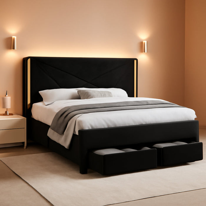 Full Size Bed Frame with Storage Drawers and Wingback Headboard, Velvet Upholstered Full Bed Frames Platform Bed with LED Lights, Wooden Slats Support, No Box Spring Needed, Noise-Free, Black