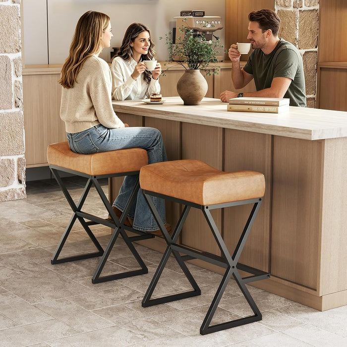 Counter Height Bar Stools Set of 2, Backless 26" Saddle Barstools, Brown