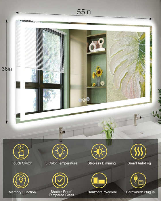 55X36 LED Bathroom Mirror, 6000LM, Separate Front and Back Lights