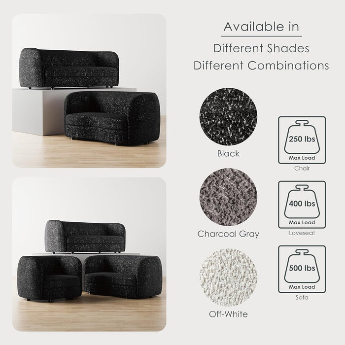 Nimiane Modern Boucle Seating with Curved Arms and Wooden Legs, Comfy Fabric Upholstered for Living Room, Bedroom, Home Office, 1-Seat + 2-Seat + 3-Seat, Black