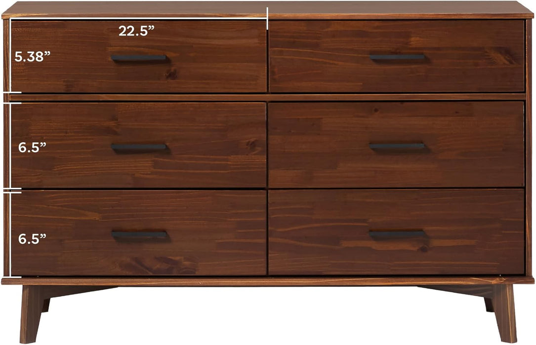 Modern Solid Pine Wood 6-Drawer Dresser with Metal Handles and Generous Storage Space, Walnut Finish