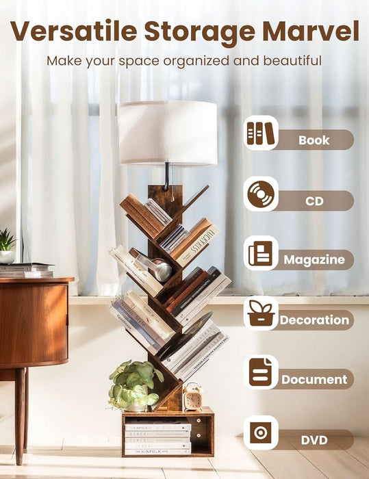 6 Tier Tree Bookshelf with Light, Corner Tall Narrow Bookshelf, Small Bookcase with Storage Cabinet,Floor Standing Bookshelves Organizer for Bedroom/Living Room/Home Office, Rustic Brown