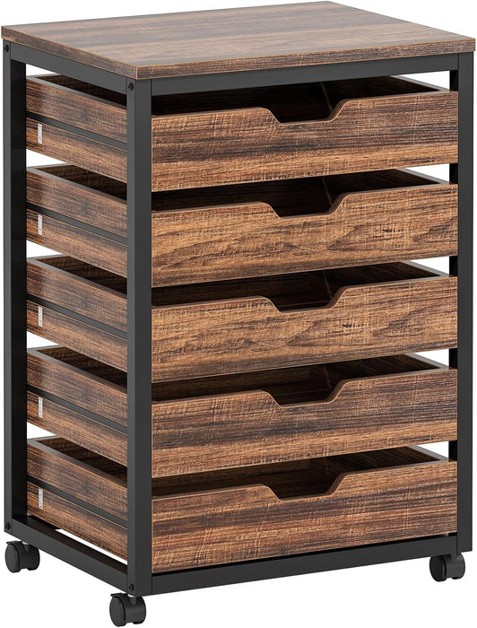 5 Drawer Chest, Wood Storage Dresser Cabinet with Wheels, Industrial Storage Drawer Organizer Cart for Office Bedroom Entryway (Rustic Brown, 1 PC)