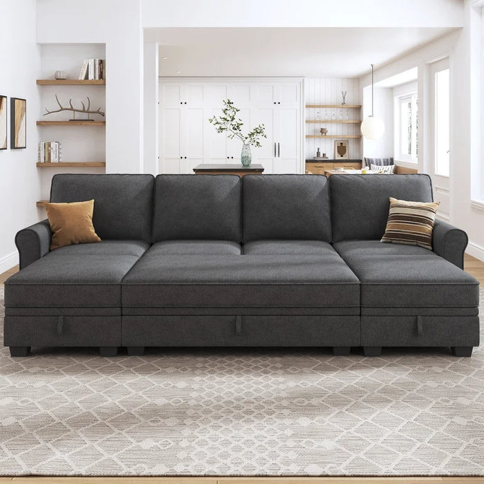 Convertible Sofa Bed Storage Sleeper Sectional Sofa Couch with Storage and Storage Ottomans with Chaise Longue for Living Room and Home Office, Dark Grey