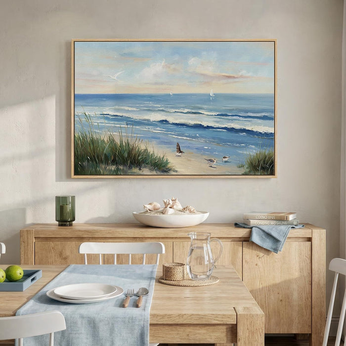 Framed Coastal Beach Blue Canvas Wall Art, Ocean Landscape Prints Paintings, Large Nature Pictures Wall Decor for Bedroom, Dining Room, Bathroom, Office, Kitchen, Farmhouse Living Room, 24X36 In