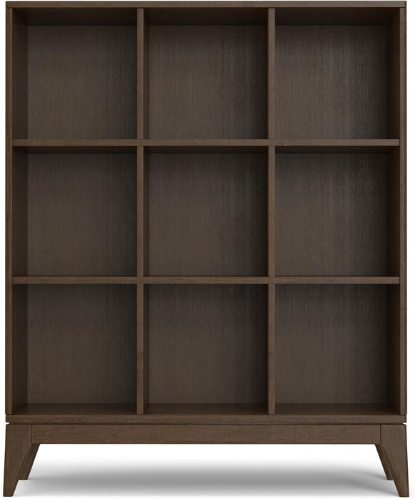 Harper 52" Tall Solid Wood 9-Cube Bookcase in Walnut Brown | Mid-Century Modern Cube Organizer with Angled Frame and Tapered Legs for Living Room or Office; Bookshelf, Shelving Unit.